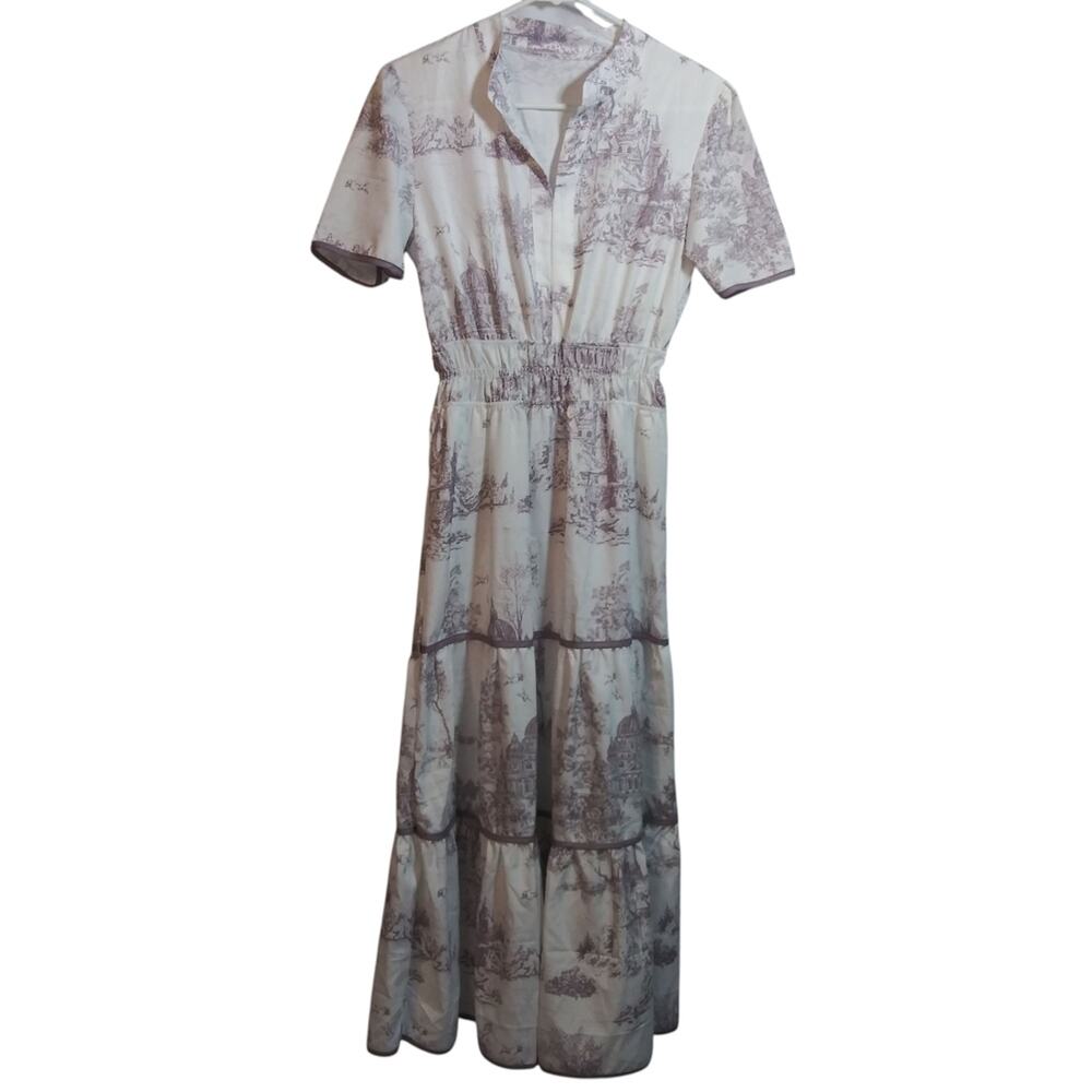 Ink Wash Print V-Neck Waist Dress Women's Casual Short Sleeve Flowy Tiered Sz M